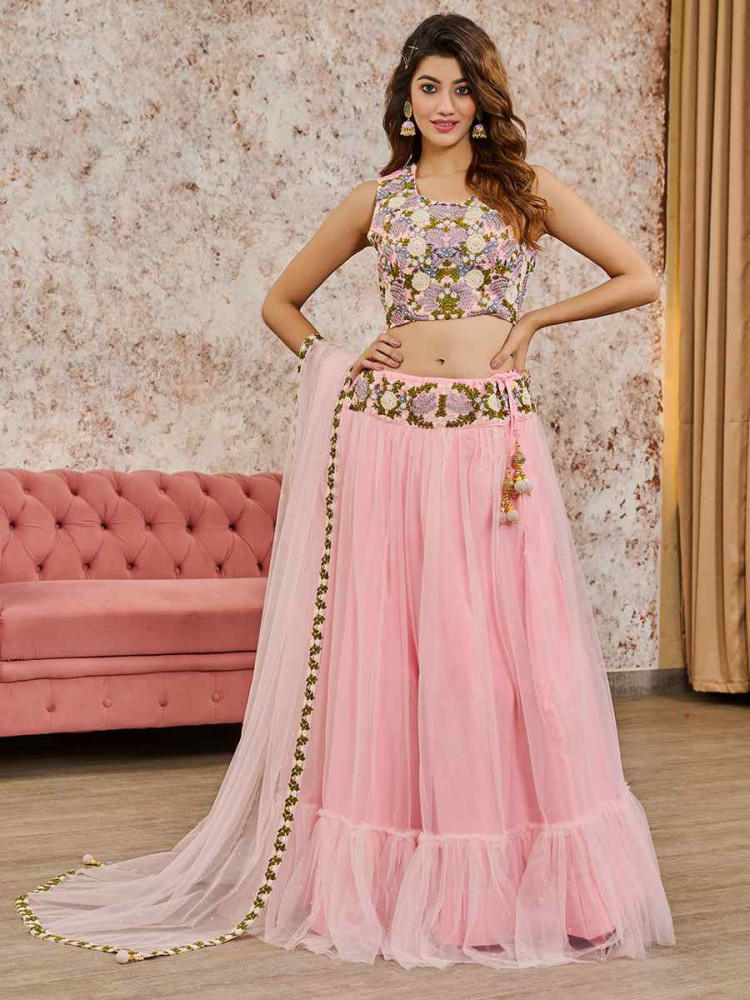 Baby Pink Silk Embroidery Festival Wedding Heavy Border Lehenga Choli