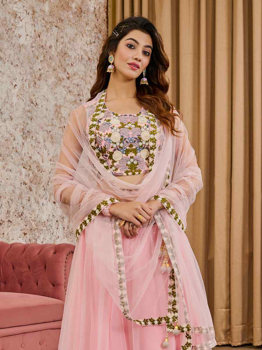 Baby Pink Silk Embroidery Festival Wedding Heavy Border Lehenga Choli