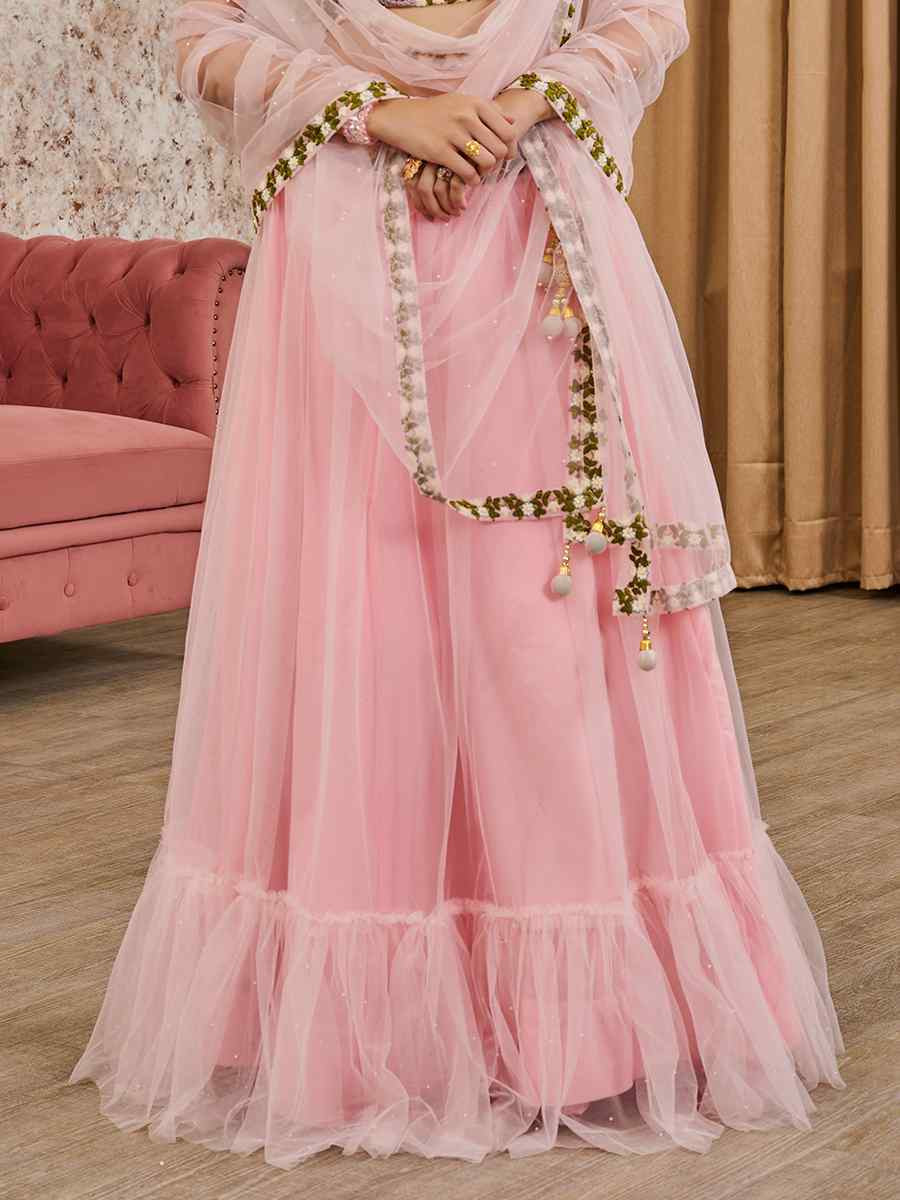 Baby Pink Silk Embroidery Festival Wedding Heavy Border Lehenga Choli