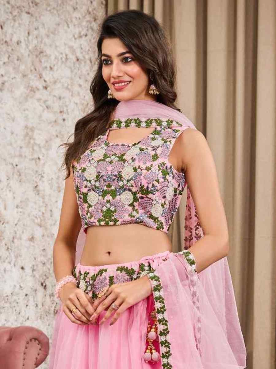 Baby Pink Silk Embroidery Festival Wedding Heavy Border Lehenga Choli