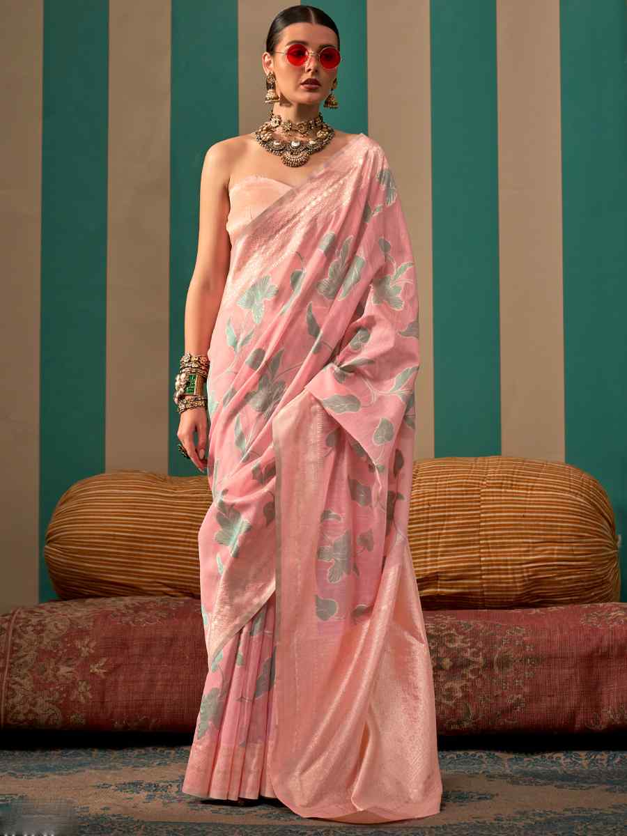 Baby Pink Silk Handwoven Festival Wedding Heavy Border Saree