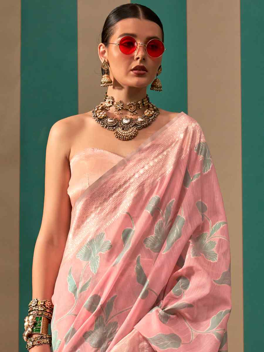 Baby Pink Silk Handwoven Festival Wedding Heavy Border Saree