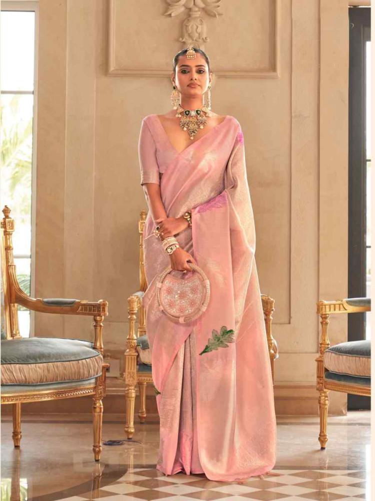 Baby Pink Silk Handwoven Festival Wedding Heavy Border Saree