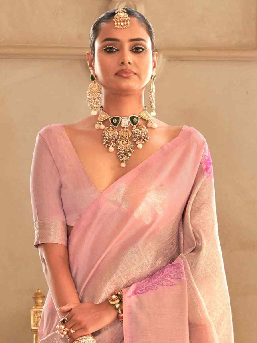 Baby Pink Silk Handwoven Festival Wedding Heavy Border Saree