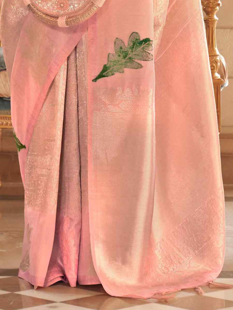 Baby Pink Silk Handwoven Festival Wedding Heavy Border Saree