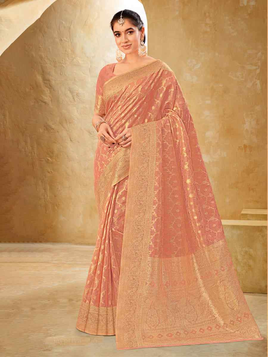 Baby Pink Silk Handwoven Festival Wedding Heavy Border Saree