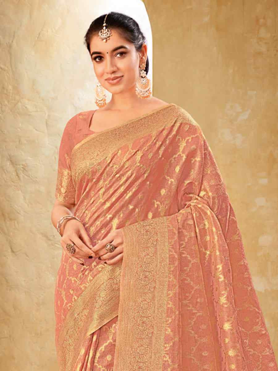 Baby Pink Silk Handwoven Festival Wedding Heavy Border Saree