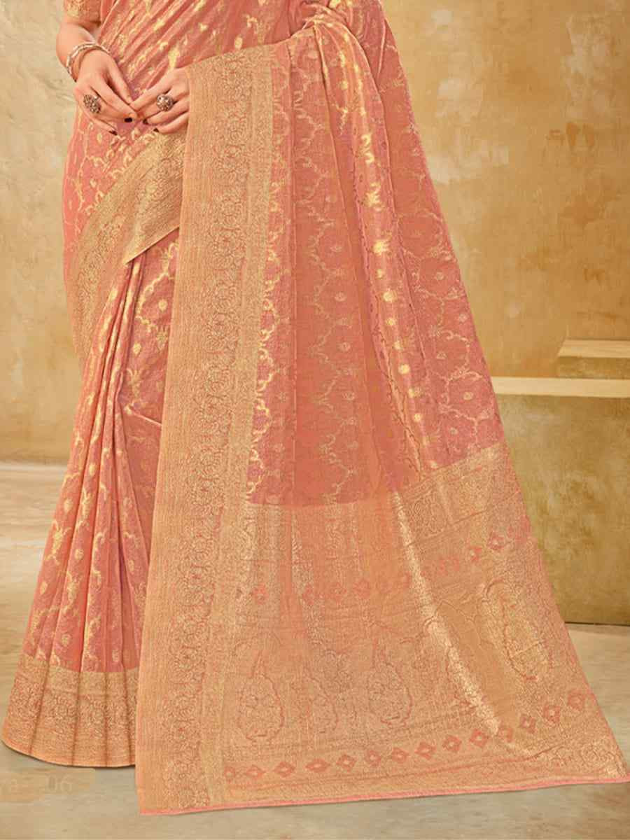 Baby Pink Silk Handwoven Festival Wedding Heavy Border Saree