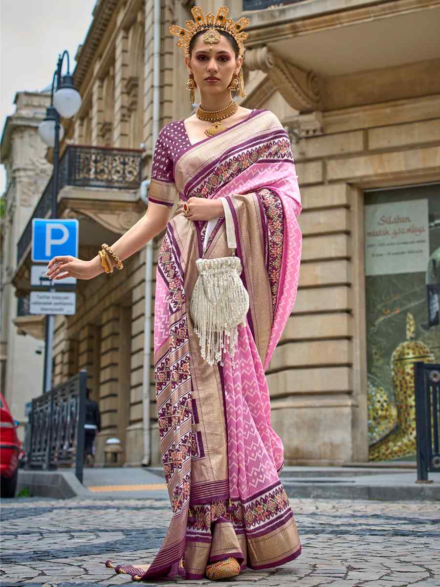 Baby Pink Silk Handwoven Party Festival Heavy Border Saree