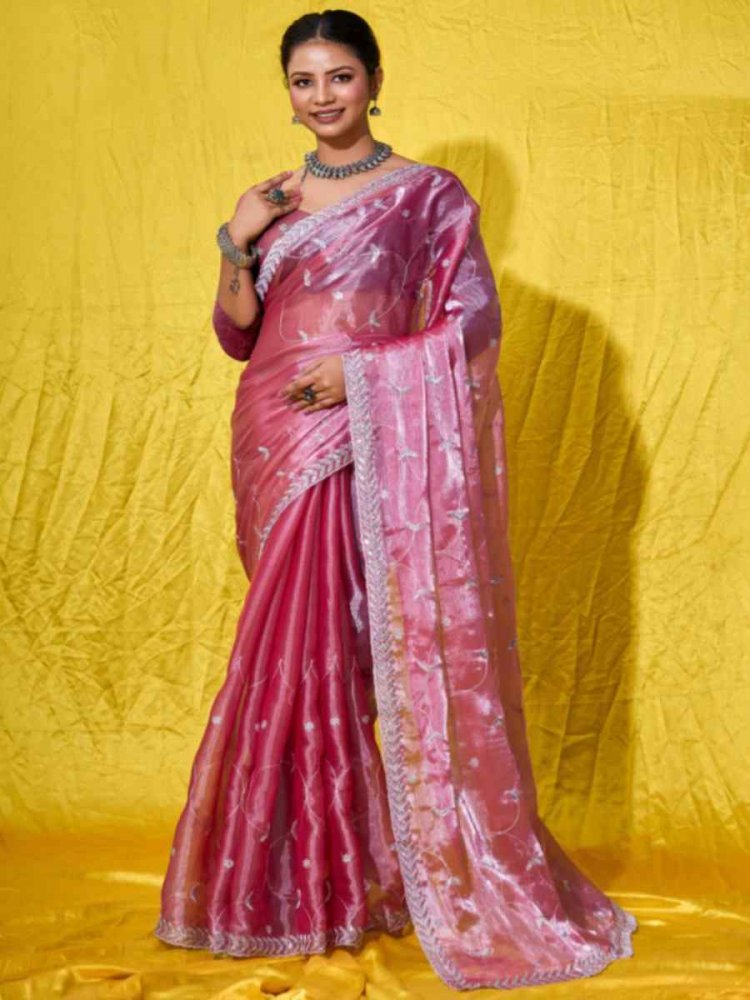 Baby Pink Soft Burberry Embroidered Party Reception Heavy Border Saree
