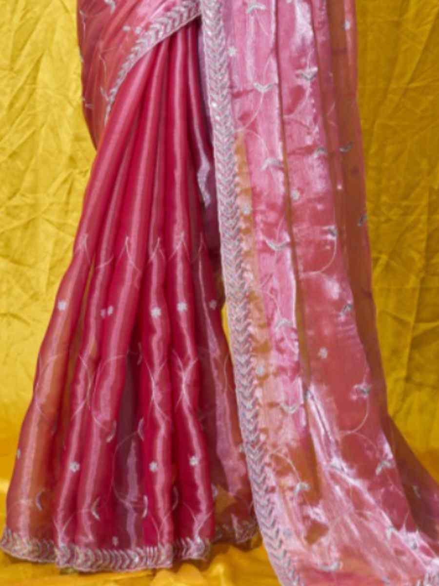 Baby Pink Soft Burberry Embroidered Party Reception Heavy Border Saree