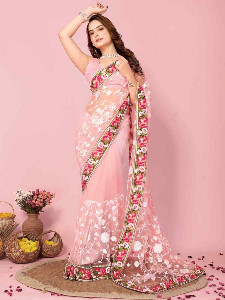 Baby Pink Soft Net Embroidered Wedding Festival Heavy Border Saree