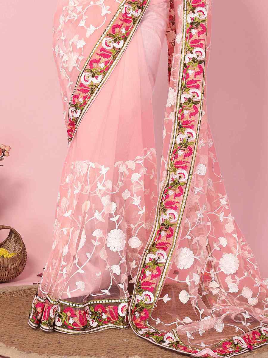 Baby Pink Soft Net Embroidered Wedding Festival Heavy Border Saree