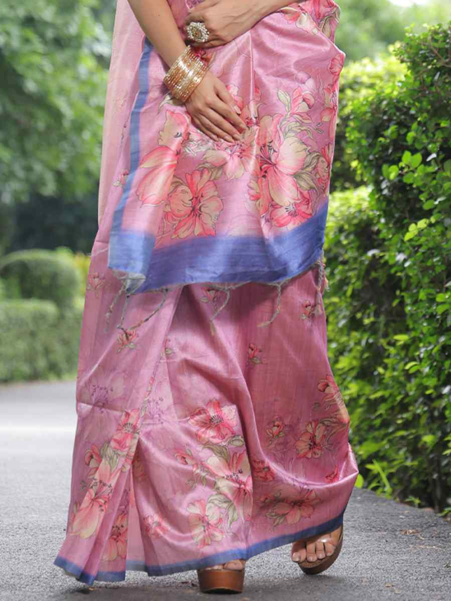 Baby Pink Soft Tussar Silk Handwoven Festival Casual Classic Style Saree