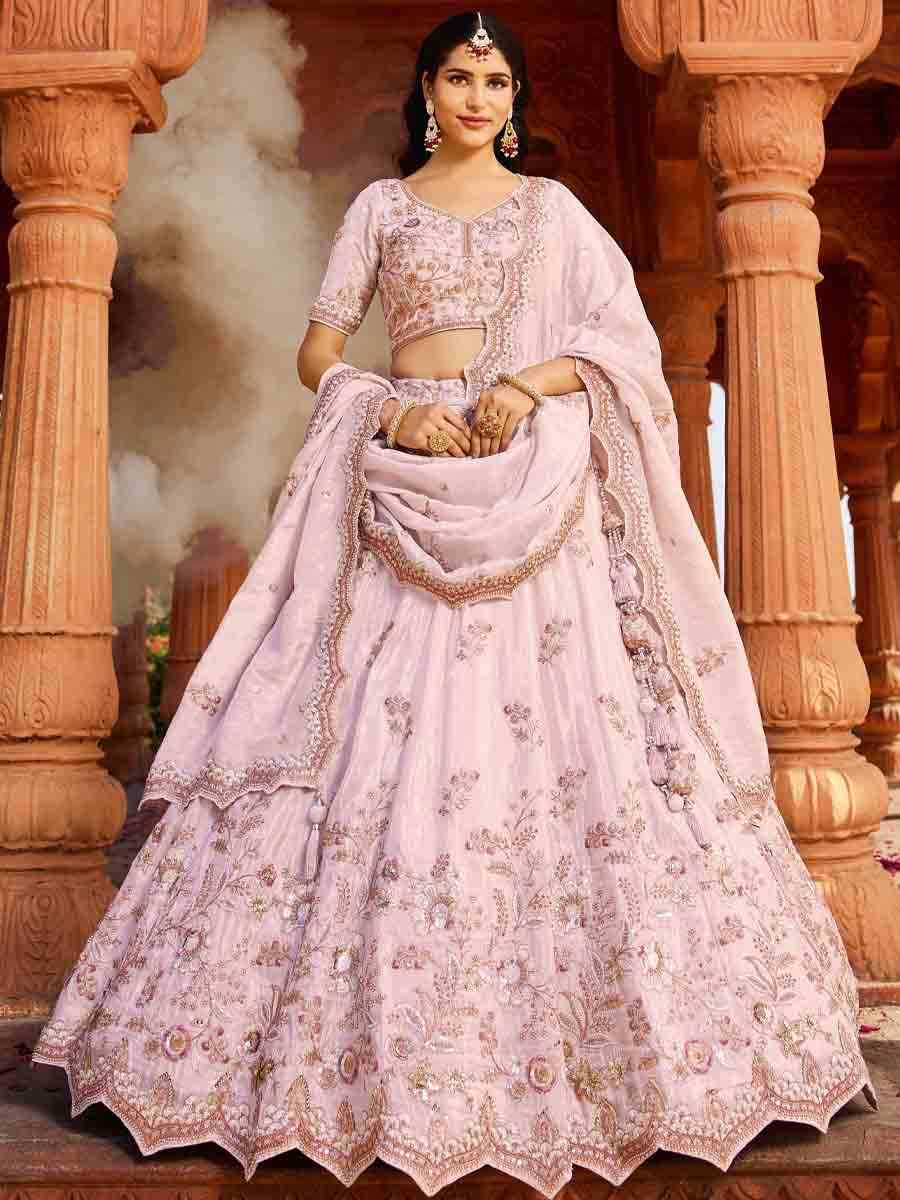 Baby Pink Tissue Embroidery Reception Party Wear Heavy Border Lehenga Choli