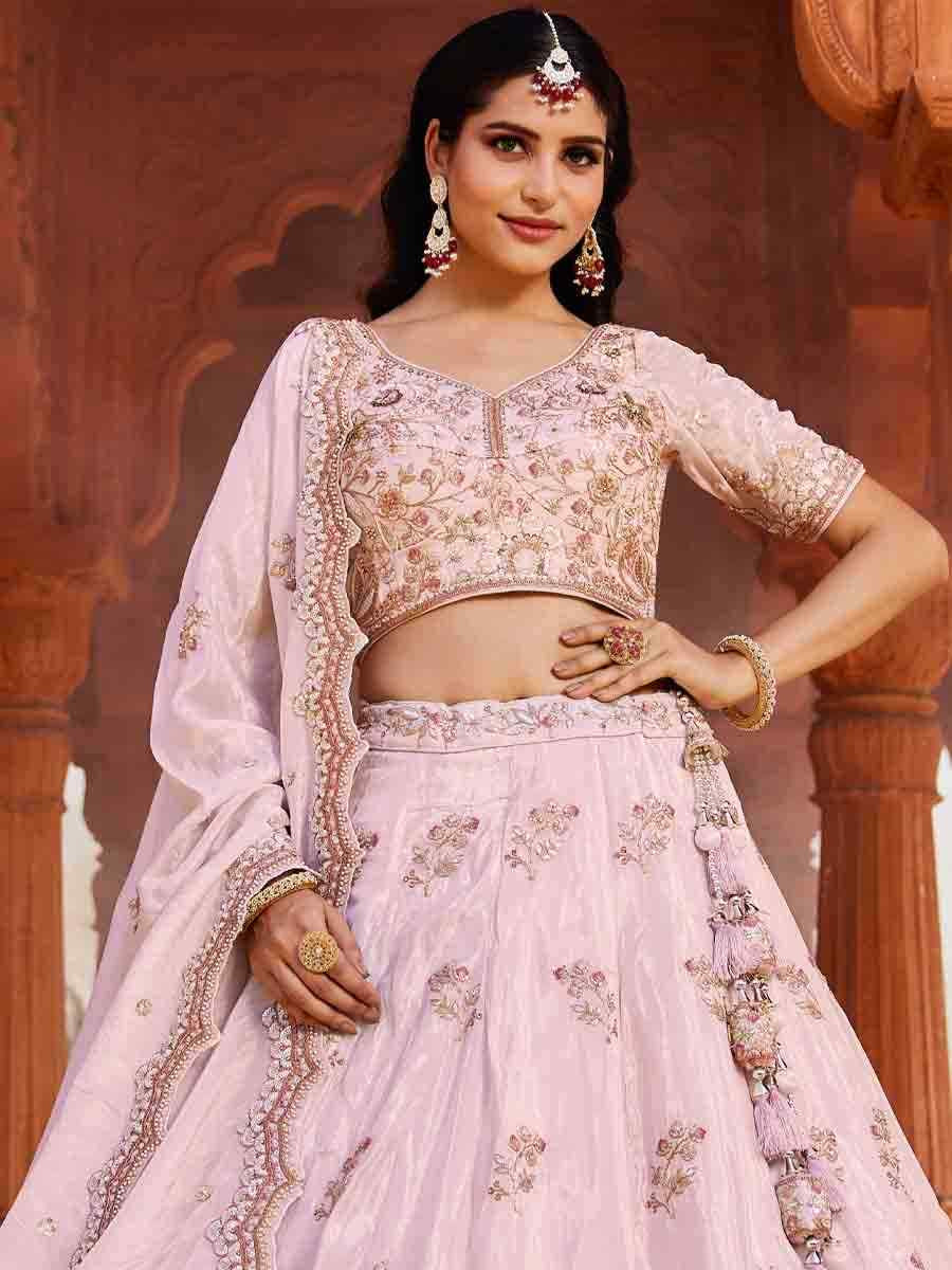 Baby Pink Tissue Embroidery Reception Party Wear Heavy Border Lehenga Choli