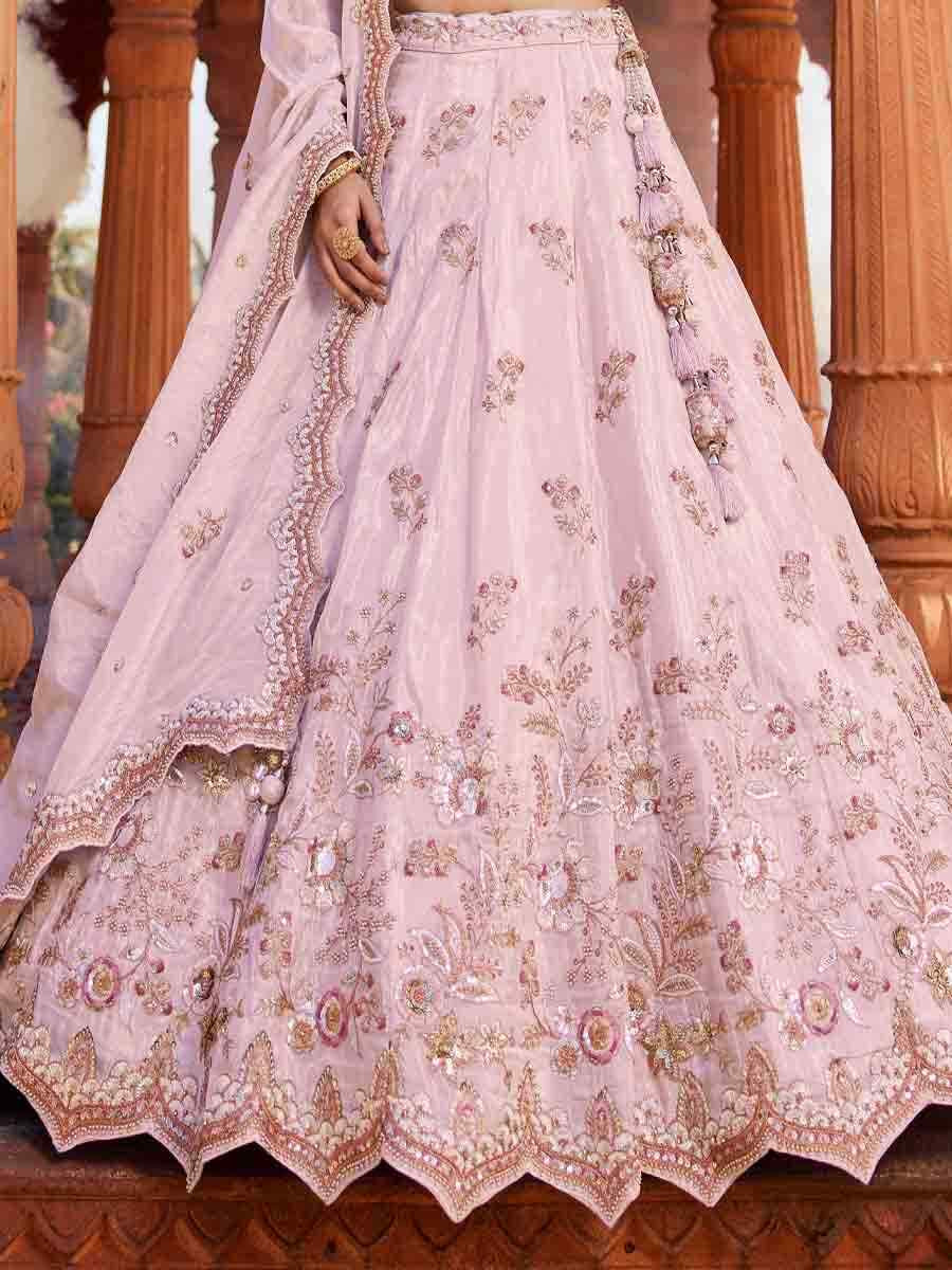 Baby Pink Tissue Embroidery Reception Party Wear Heavy Border Lehenga Choli