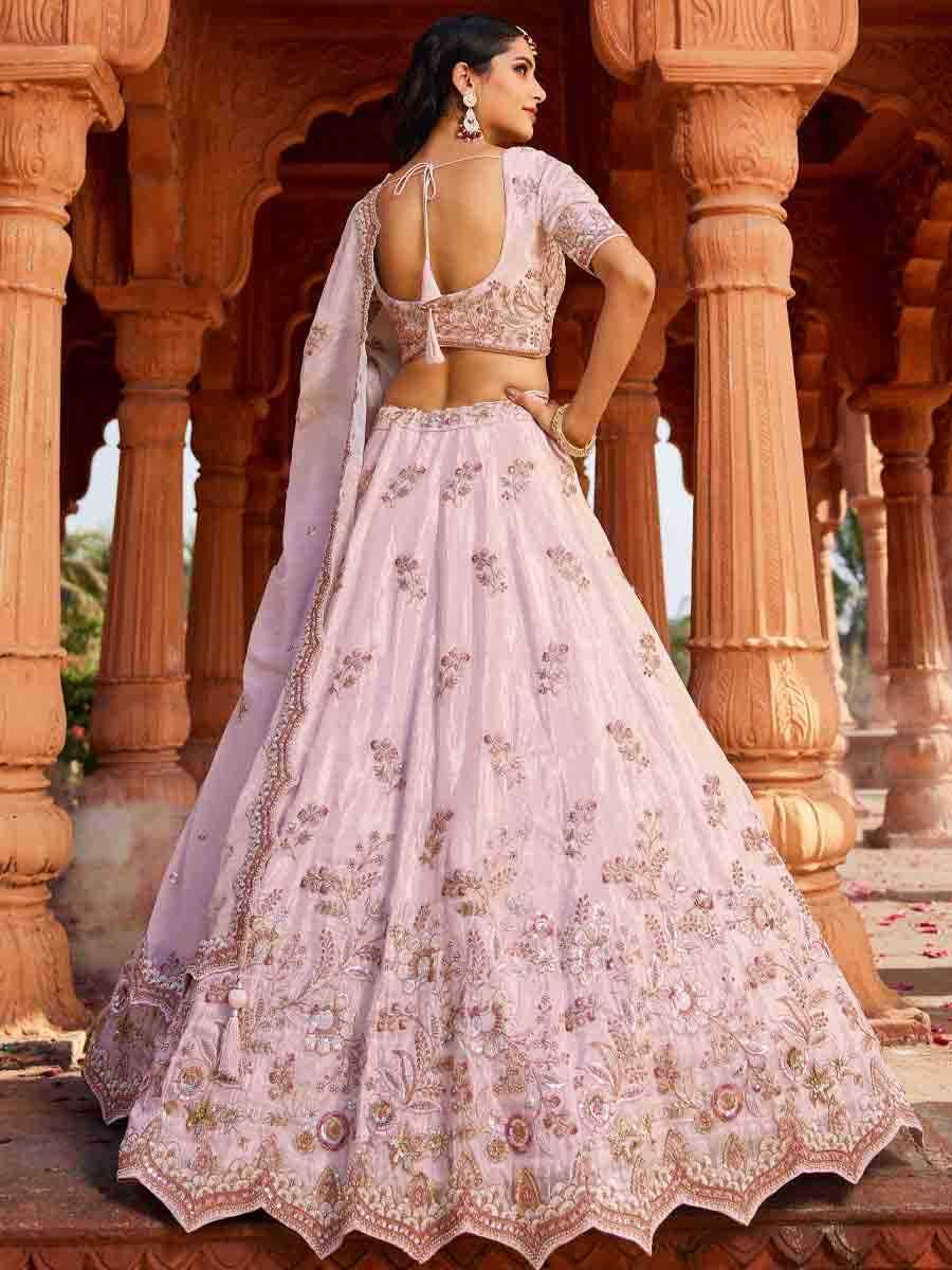 Baby Pink Tissue Embroidery Reception Party Wear Heavy Border Lehenga Choli