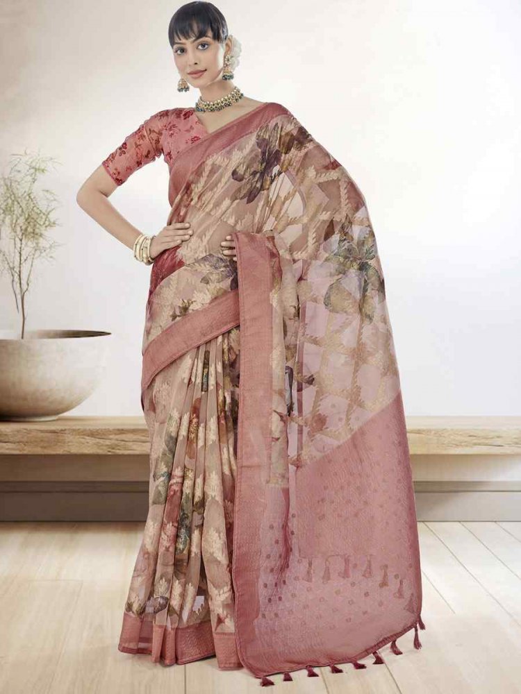 Baby Pink Tissue Organza Silk Handwoven Festival Wedding Heavy Border Saree