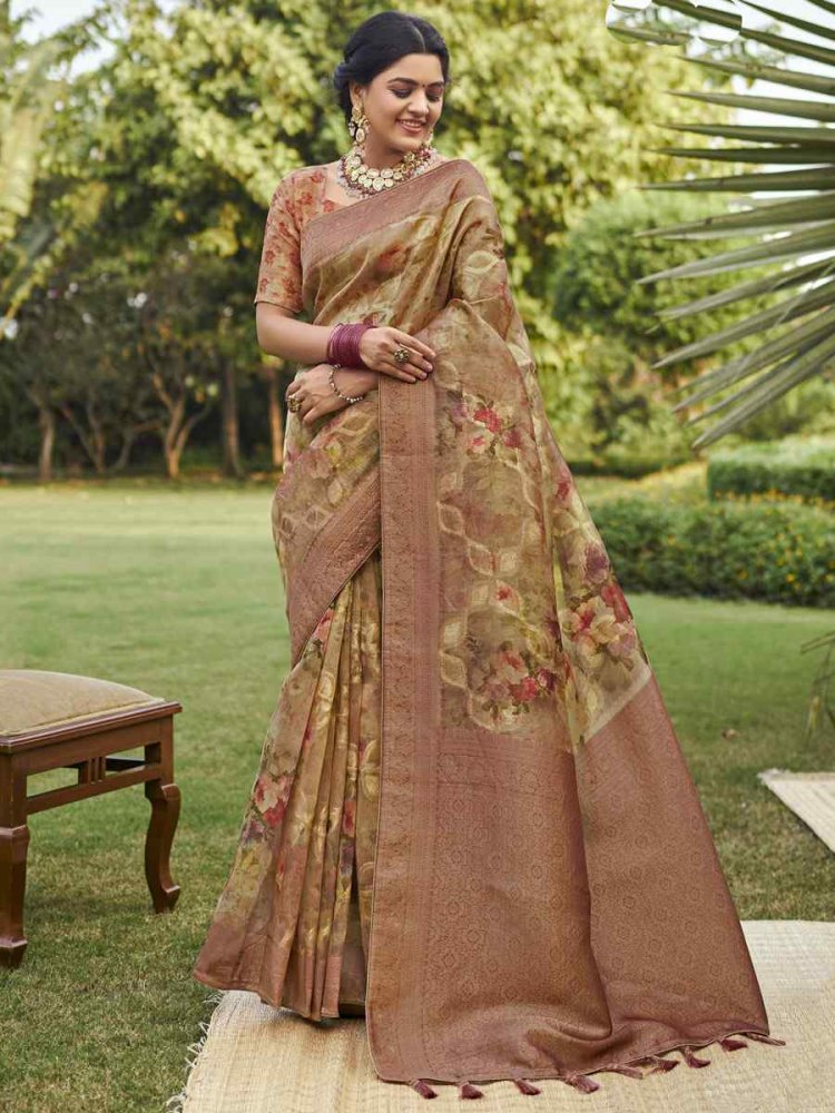 Baby Pink Tissue Organza Silk Printed Festival Casual Classic Style Saree