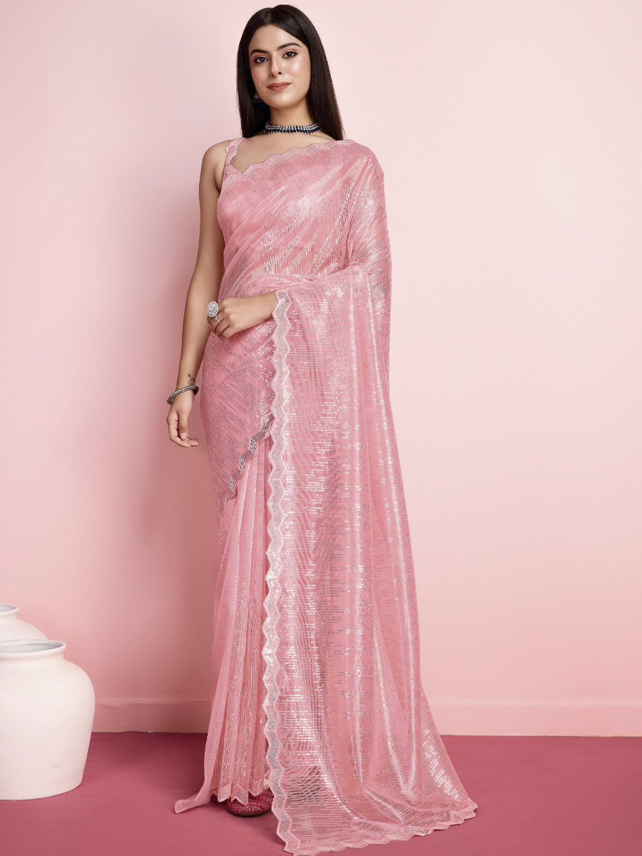 Baby Pink Twill Net Sequins Cocktail Party Classic Style Saree