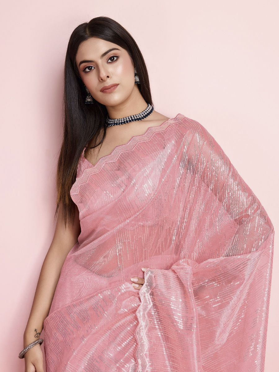 Baby Pink Twill Net Sequins Cocktail Party Classic Style Saree