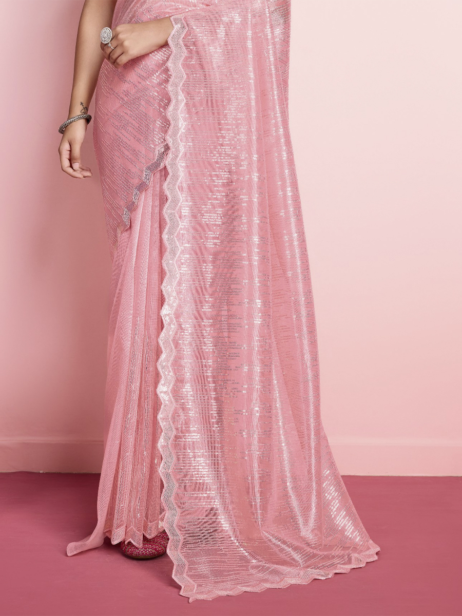 Baby Pink Twill Net Sequins Cocktail Party Classic Style Saree