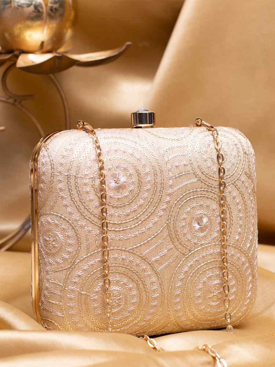 Beige Art Silk Party Wear Embroidered Clutches