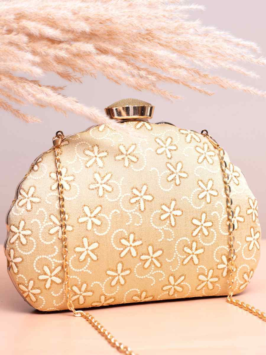 Beige Art Silk Party Wear Embroidered Clutches