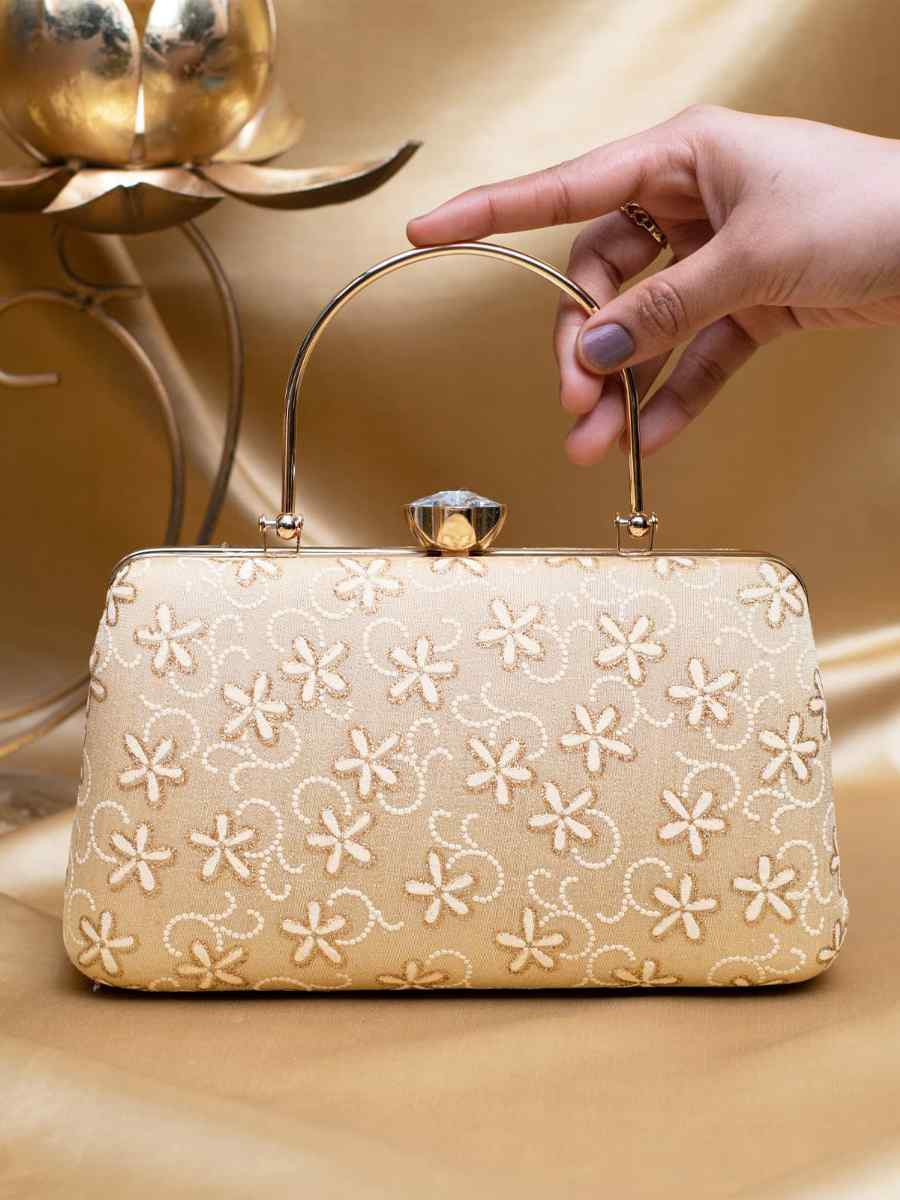 Beige Art Silk Party Wear Embroidered Clutches