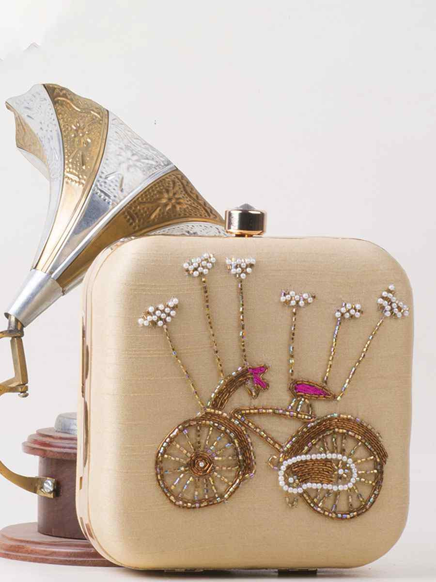 Beige Art Silk Party Wear Embroidered Clutches