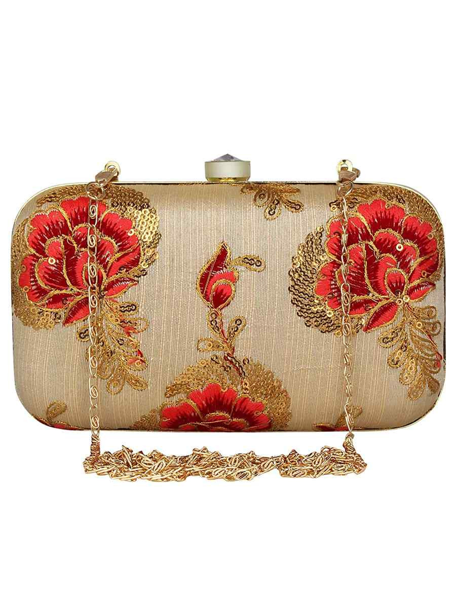 Beige Art Silk Party Wear Embroidered Clutches