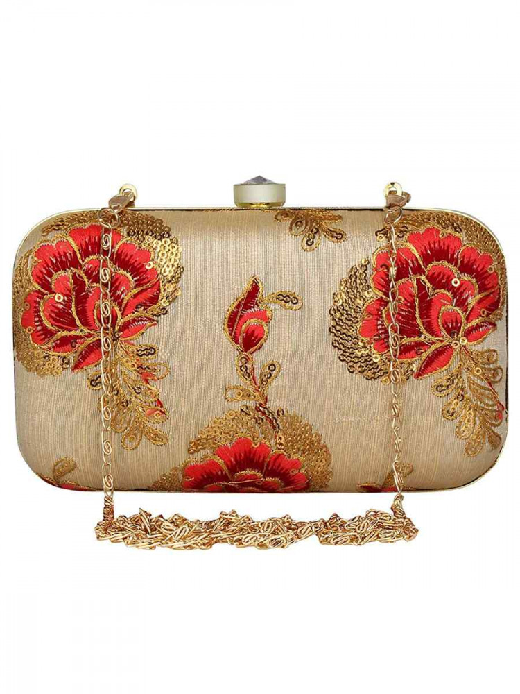 Beige Art Silk Party Wear Embroidered Clutches