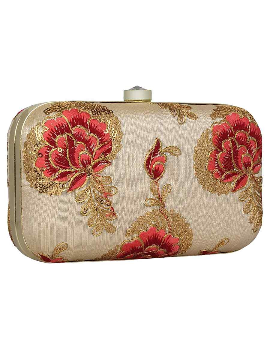 Beige Art Silk Party Wear Embroidered Clutches