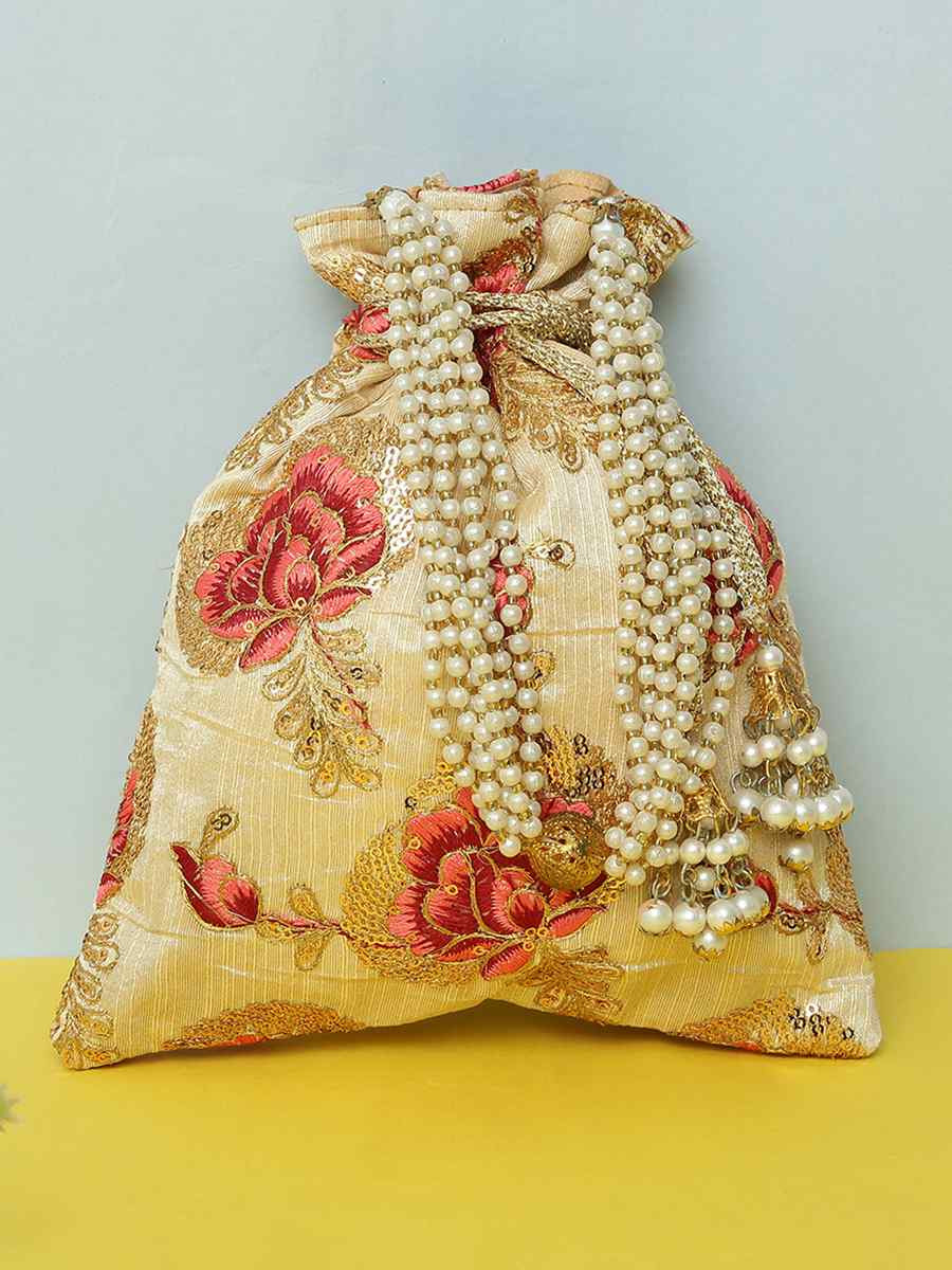 Beige Art Silk Party Wear Embroidered Clutches