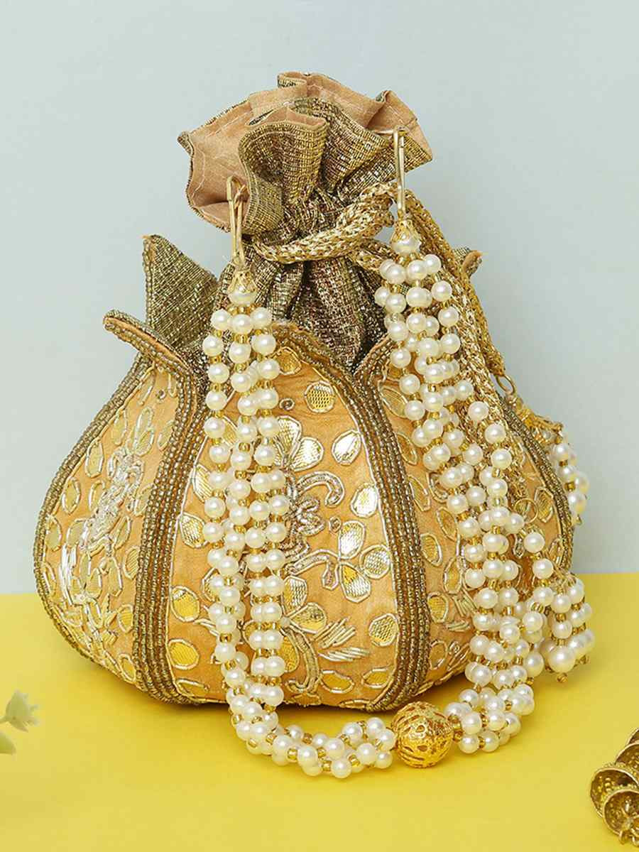 Beige Art Silk Party Wear Embroidered Clutches