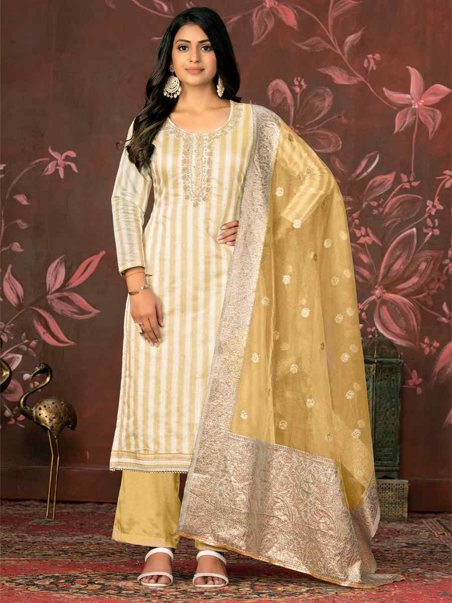 Beige Banarasi Cotton Embroidered Casual Festival Pant Salwar Kameez