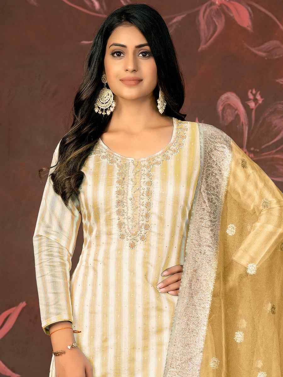 Beige Banarasi Cotton Embroidered Casual Festival Pant Salwar Kameez