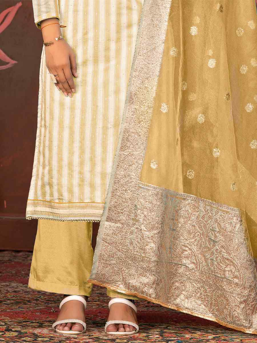 Beige Banarasi Cotton Embroidered Casual Festival Pant Salwar Kameez