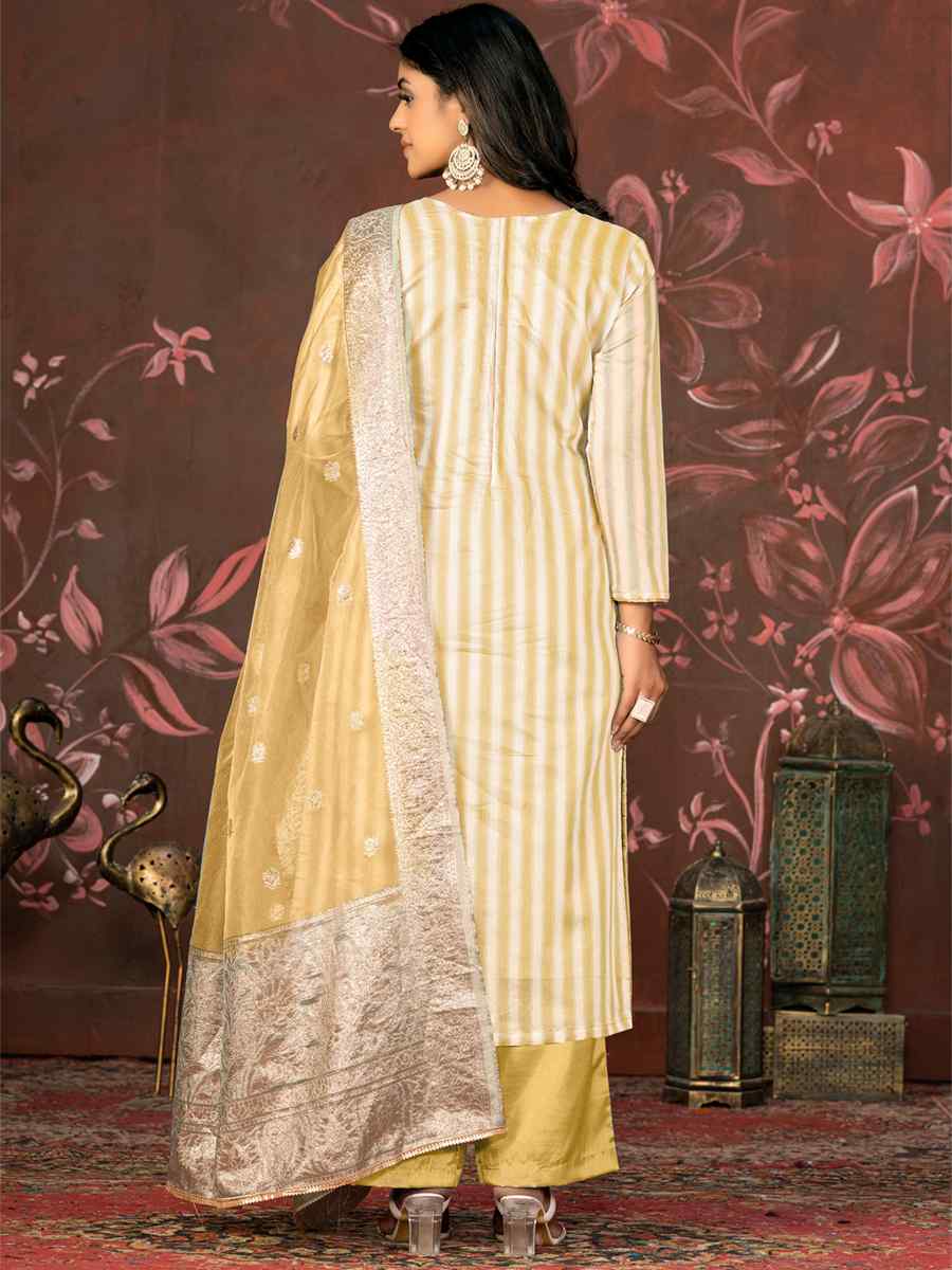 Beige Banarasi Cotton Embroidered Casual Festival Pant Salwar Kameez