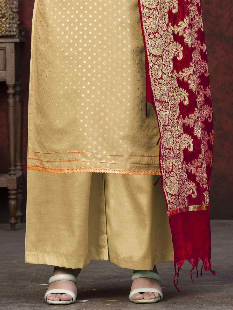 Beige Banarasi Jacquard Embroidered Casual Festival Pant Salwar Kameez