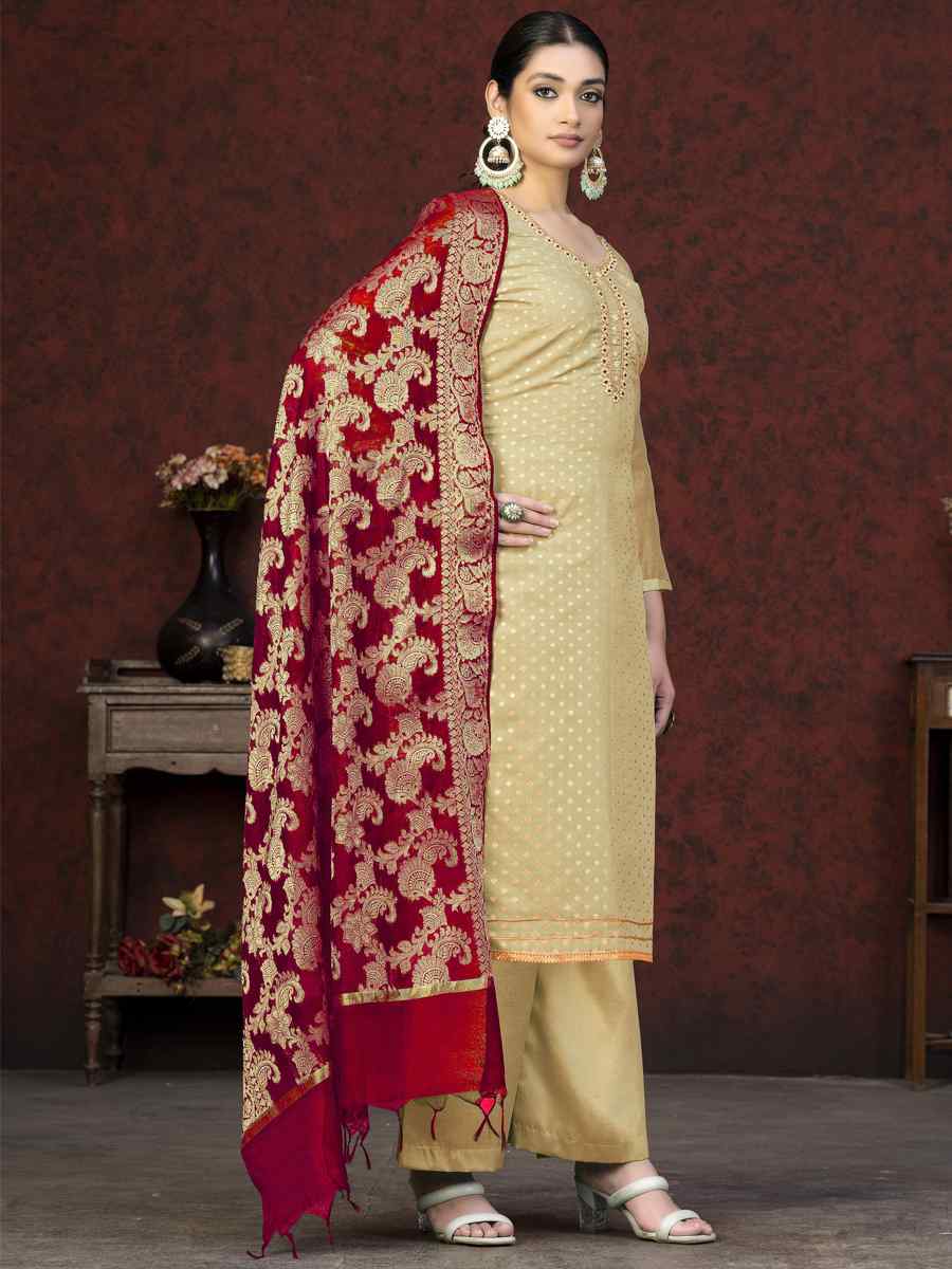 Beige Banarasi Jacquard Embroidered Casual Festival Pant Salwar Kameez