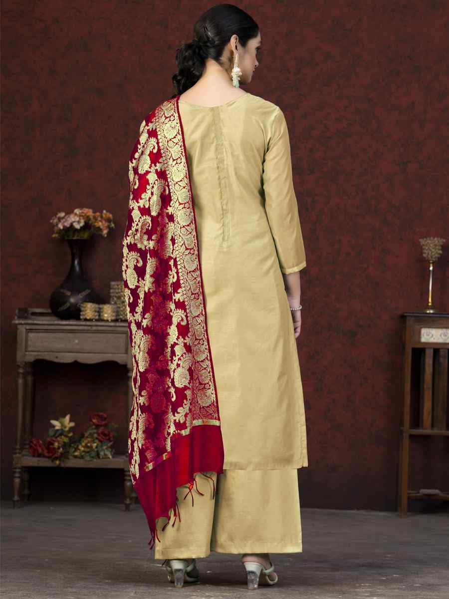 Beige Banarasi Jacquard Embroidered Casual Festival Pant Salwar Kameez