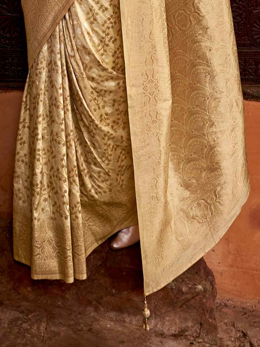 Beige Banarasi Silk  Handwoven Festival Casual Heavy Border Saree