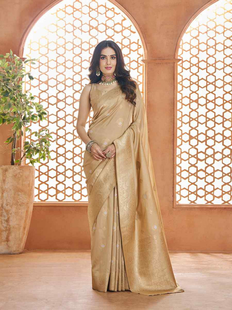 Beige Banarasi Soft Silk Handwoven Festival Wedding Heavy Border Saree