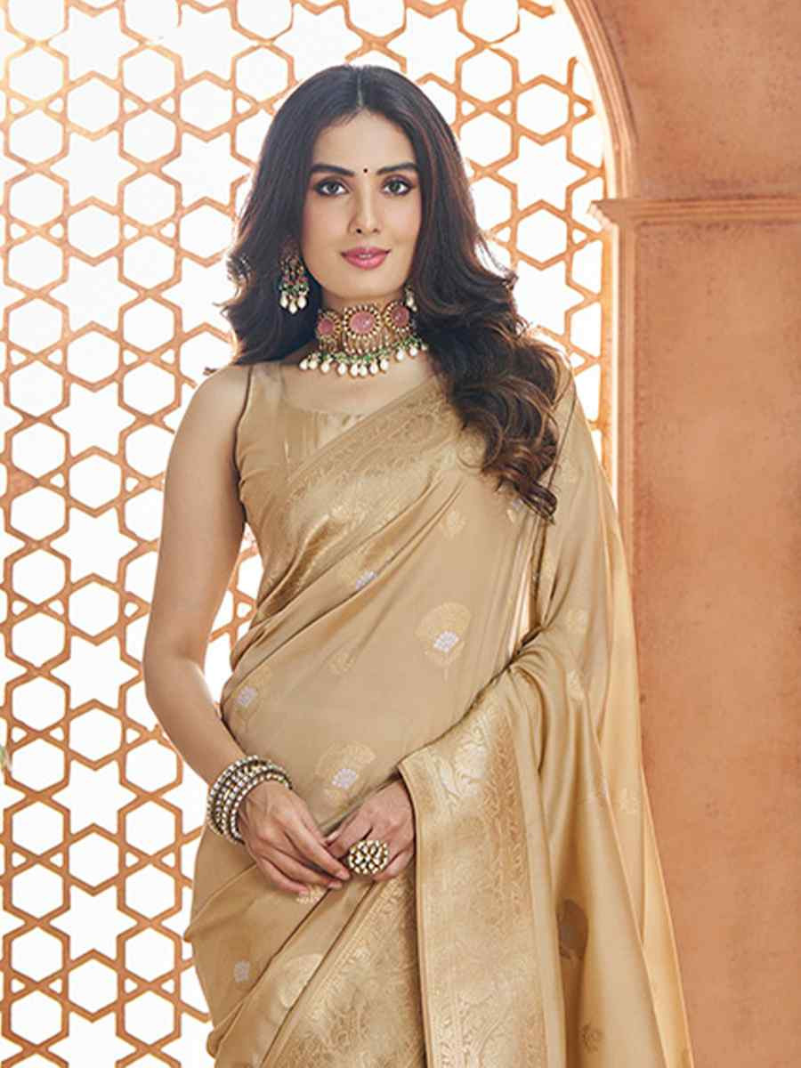 Beige Banarasi Soft Silk Handwoven Festival Wedding Heavy Border Saree