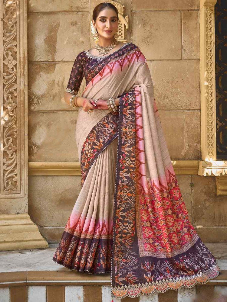 Beige Bhagalpuri Silk Handwoven Festival Casual Heavy Border Saree