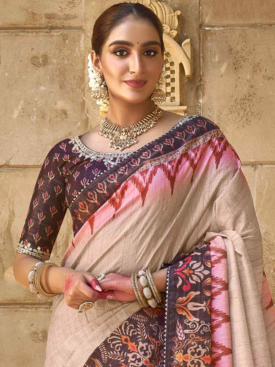 Beige Bhagalpuri Silk Handwoven Festival Casual Heavy Border Saree