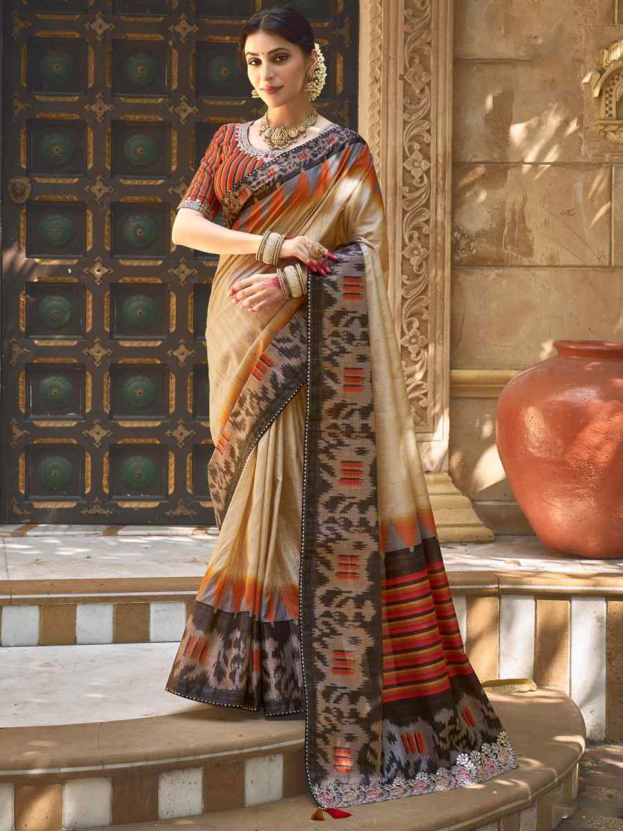 Beige Bhagalpuri Silk Handwoven Festival Casual Heavy Border Saree