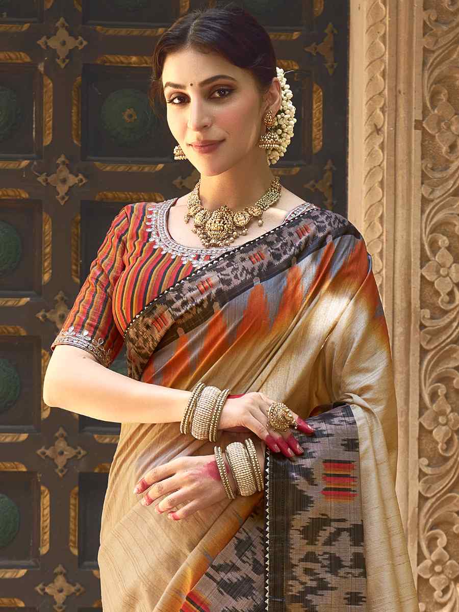 Beige Bhagalpuri Silk Handwoven Festival Casual Heavy Border Saree